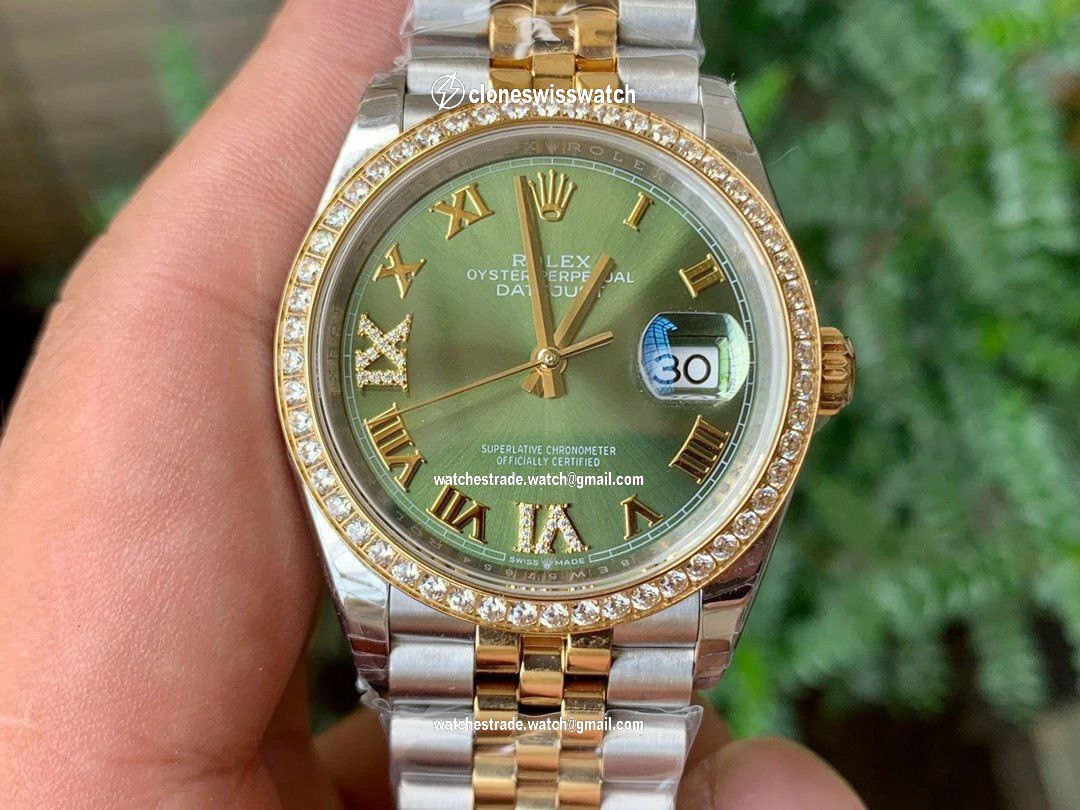 Rolex Date Just 36mm Diamond Green Dial SG Strap 1:1 Best Edition Version Rolex Date Just 36mm Diamond Green Dial SG Strap 1:1 Best Edition Version