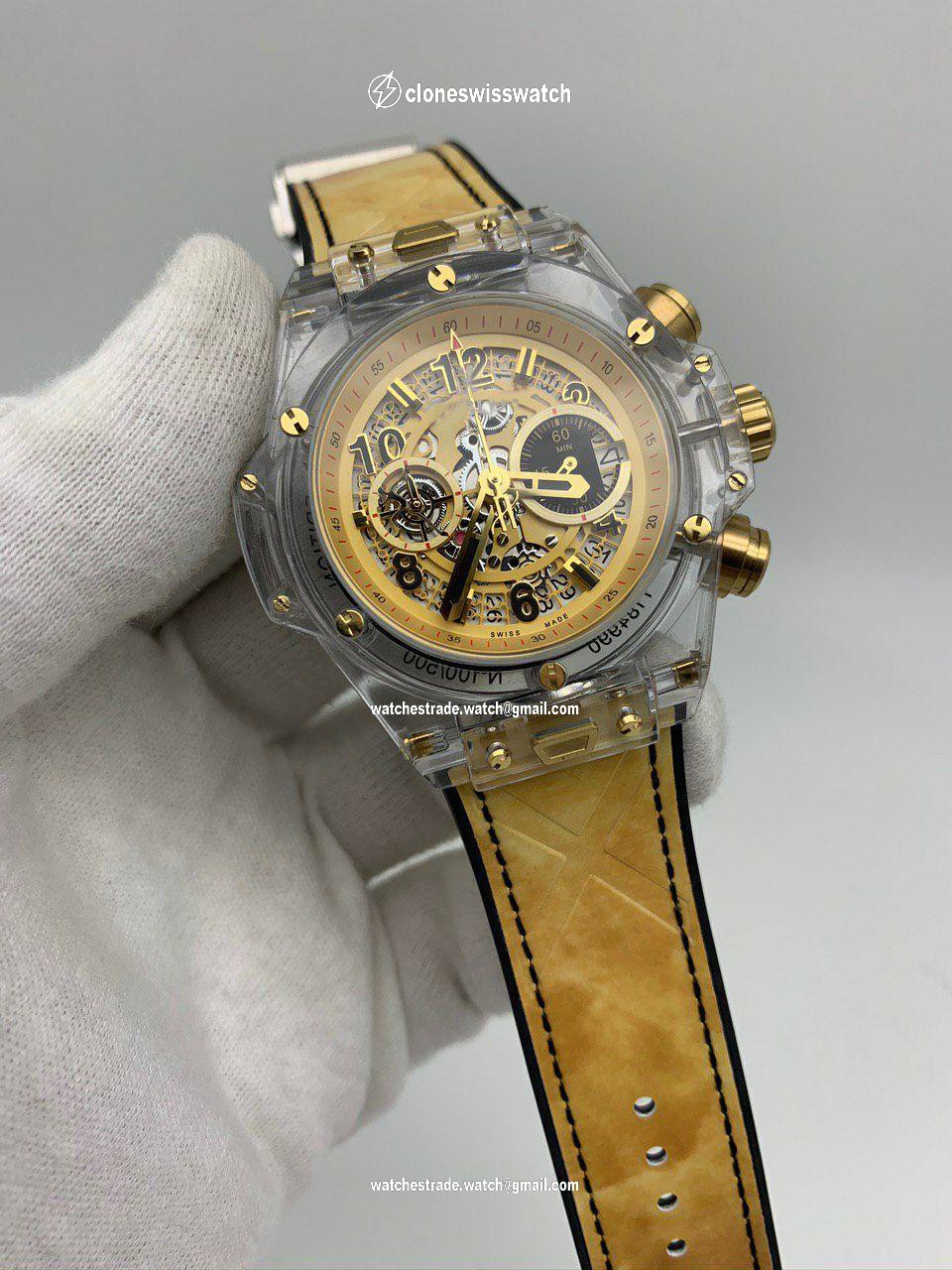 Hublot Big bang Glass Yellow Gold Chrono Rubber Strap Hublot Big bang Glass Yellow Gold Chrono Rubber Strap