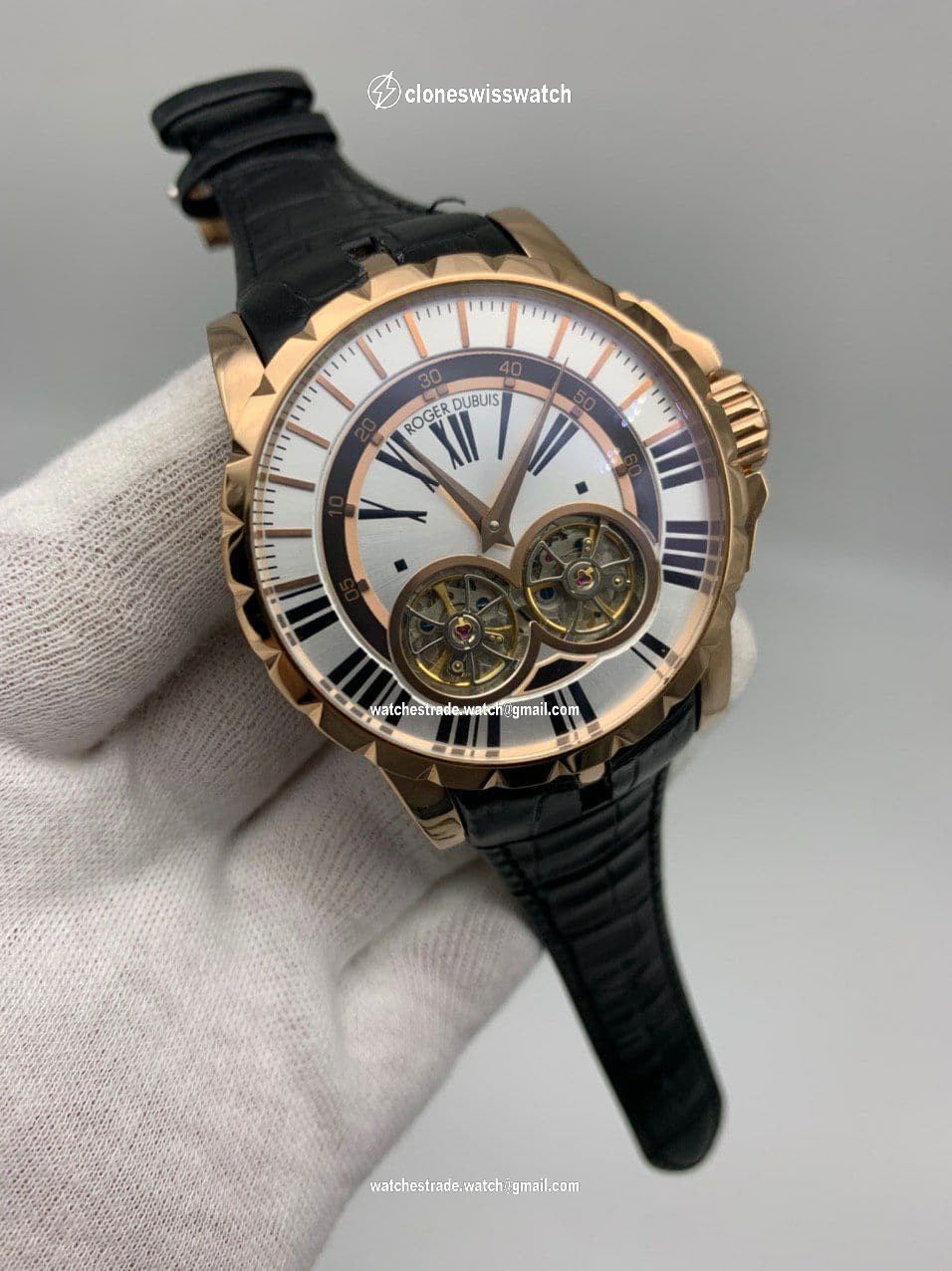 Roger Dubuis Excalibur Dual Tourbion White Dial Rome Numbers On Black Leather Strap Roger Dubuis Excalibur Dual Tourbion White Dial Rome Numbers On Black Leather Strap