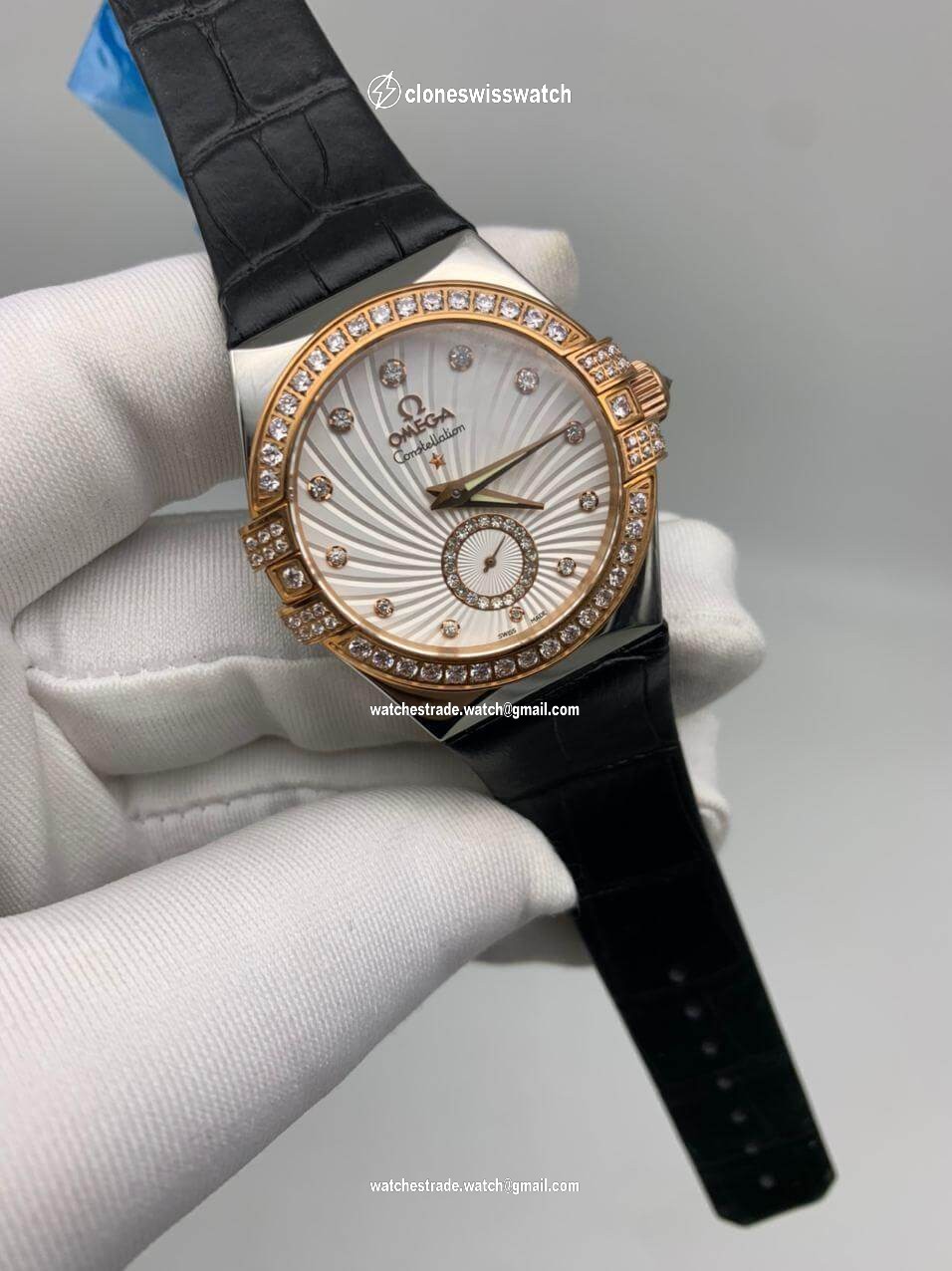Omega Diamond Black Leather Strap Gold Omega Diamond Black Leather Strap Gold
