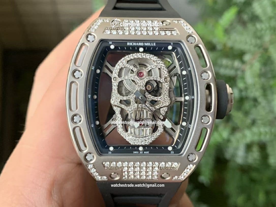 RM052 Polished SS Full Paved Diamonds Skull Dial on Black Rubber Strap MIYOTA8215 RM052 Polished SS Full Paved Diamonds Skull Dial on Black Rubber Strap MIYOTA8215