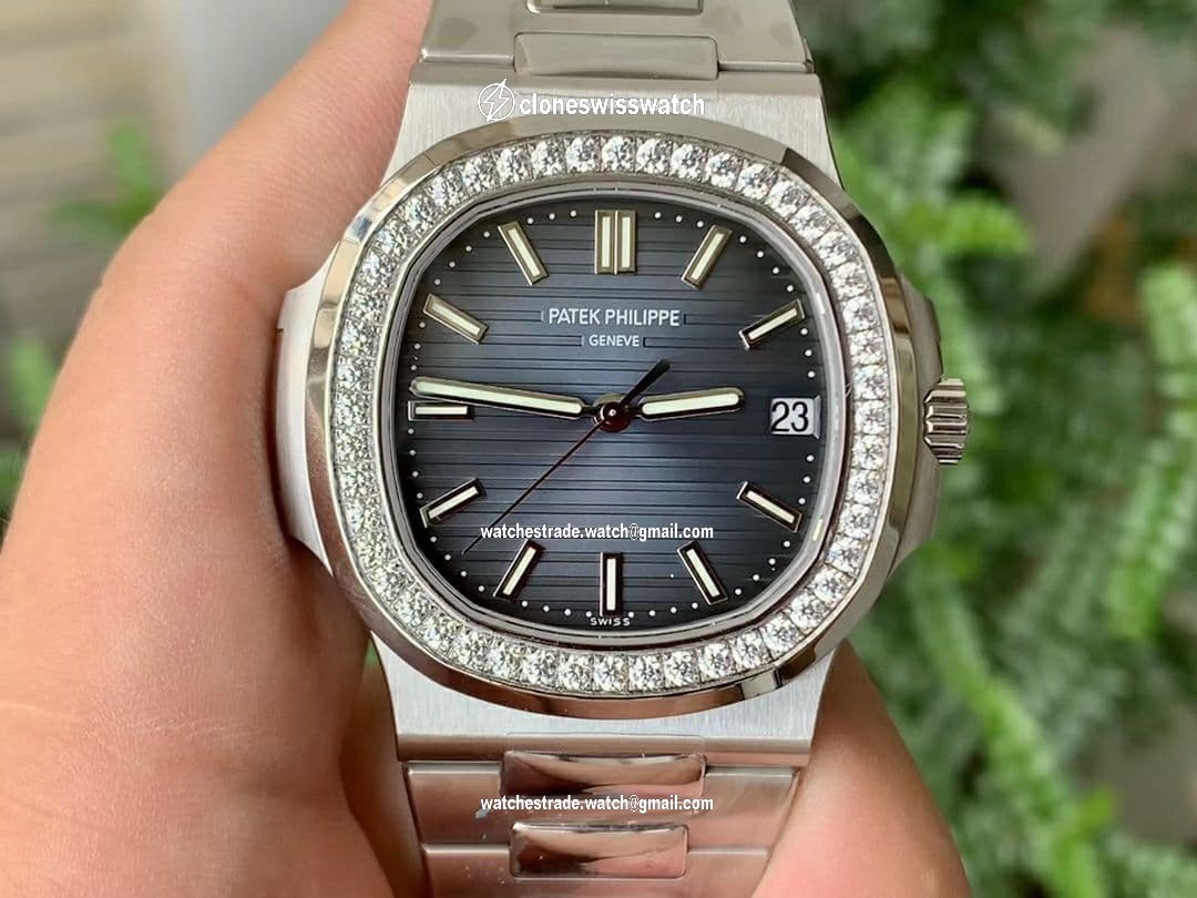 Nautilus Jumbo 5711 PF 1:1 Best Edition Blue Textured Dial Diamonds Bezel on SS Bracelet A324 Clone Nautilus Jumbo 5711 PF 1:1 Best Edition Blue Textured Dial Diamonds Bezel on SS Bracelet A324 Clone