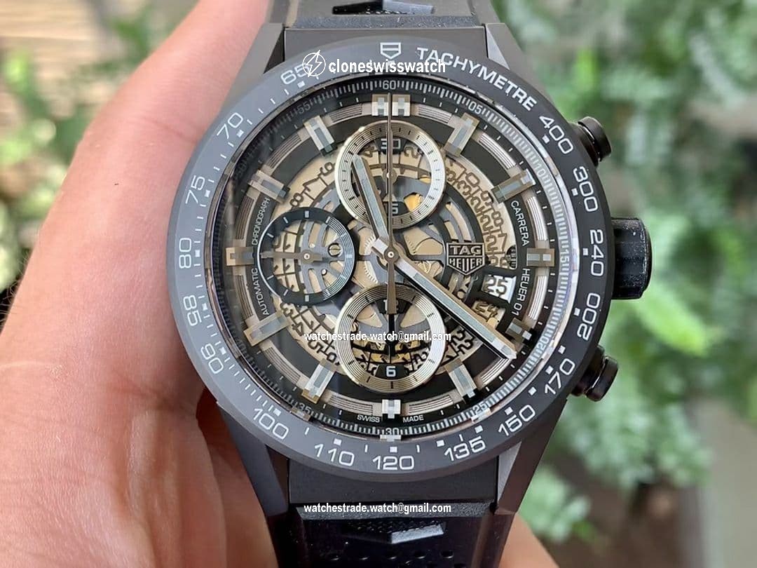 Calibre Heuer 01 Chrono 43mm Ceramic XF 1:1 Best Edition Skeleton Dial on Black Rubber Strap A1887 Calibre Heuer 01 Chrono 43mm Ceramic XF 1:1 Best Edition Skeleton Dial on Black Rubber Strap A1887