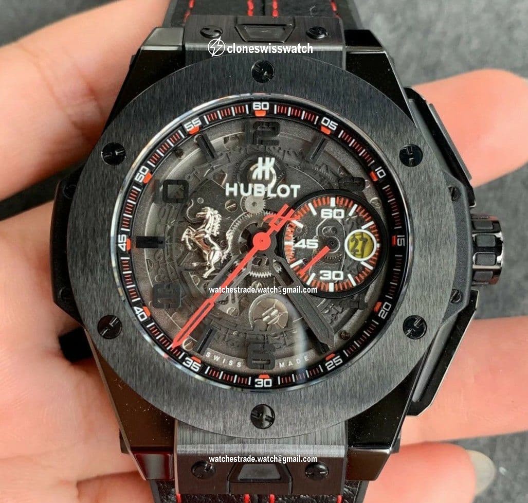 Big Bang Ferrari Unico Black Ceramic V6F Best Edition Skeleton Dial on Black Gummy Strap HUB1288 Big Bang Ferrari Unico Black Ceramic V6F Best Edition Skeleton Dial on Black Gummy Strap HUB1288