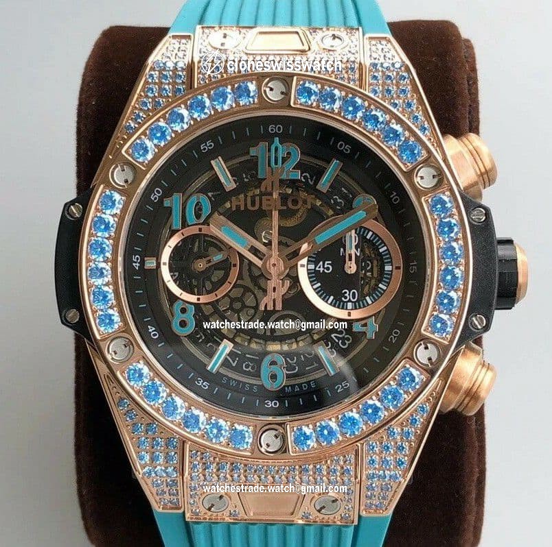 Big Bang Unico Diamond HBF 1:1 Best Edition Gold Skeleton Dial Rainbow Bezel on Blue Rubber Strap A1242 Big Bang Unico Diamond HBF 1:1 Best Edition Gold Skeleton Dial Rainbow Bezel on Blue Rubber Strap A1242