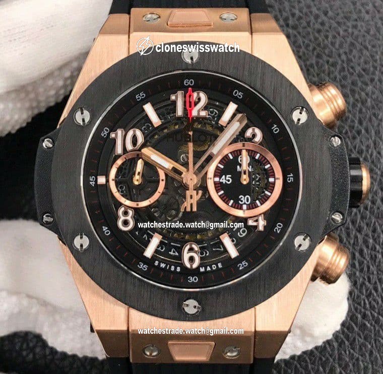 Big Bang Unico 45.5mm SS Gold Bezel Skeletonal Dial on Black Rubber Strap HUB1220 Big Bang Unico 45.5mm SS Gold Bezel Skeletonal Dial on Black Rubber Strap HUB1220