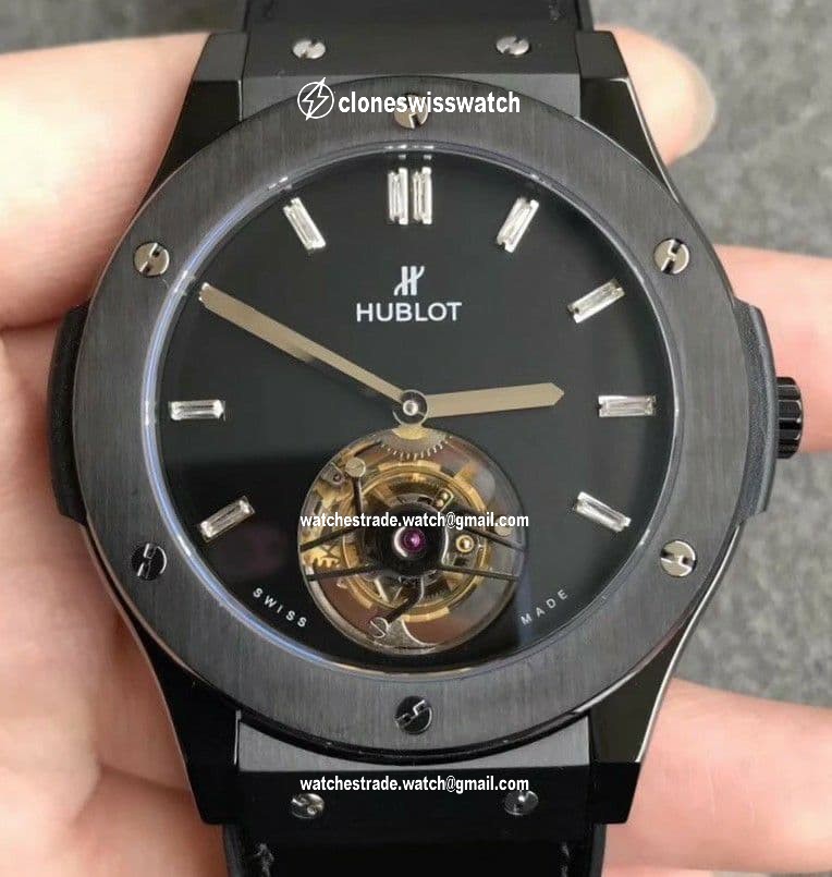 Classic Fusion Tourbillon 45mm PVD Black Dial Crystal Markers on Black Gummy Strap Classic Fusion Tourbillon 45mm PVD Black Dial Crystal Markers on Black Gummy Strap