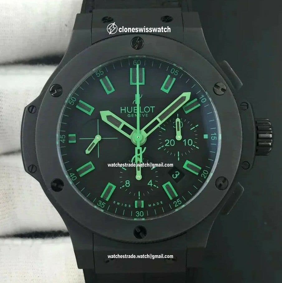 Big Bang 44.5mm PVD Black Dial with Green Markers on Black Gummy Strap A7750 Big Bang 44.5mm PVD Black Dial with Green Markers on Black Gummy Strap A7750