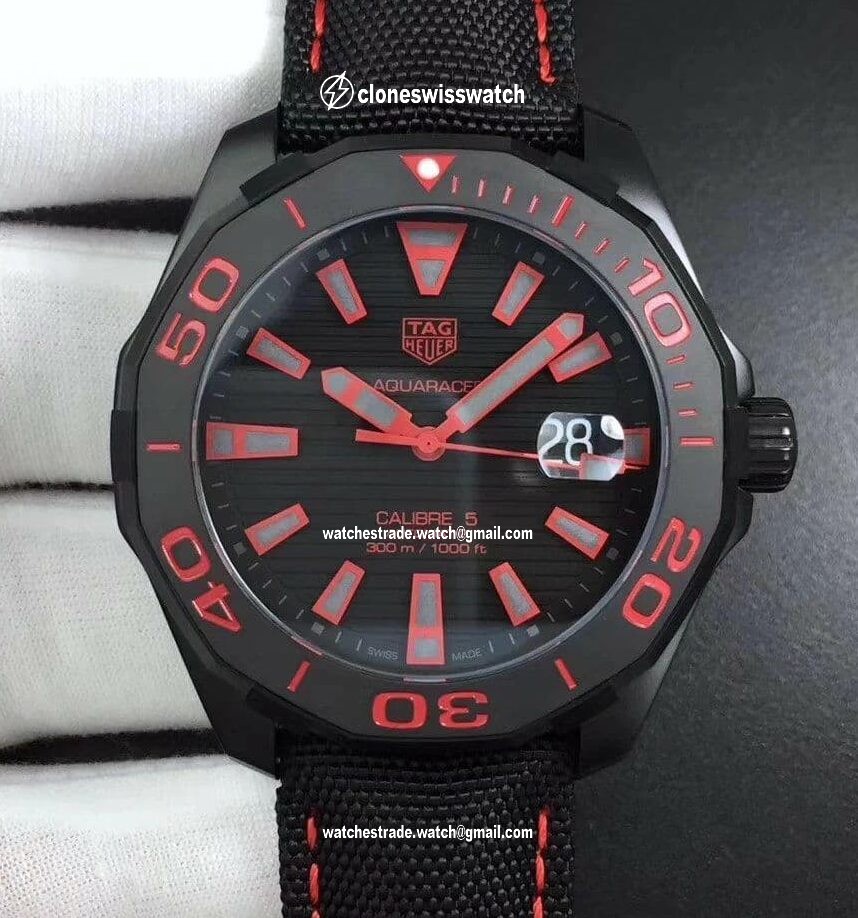 Aquaracer Calibre 5 PVD 43mm V6F 1:1 Best Edition Black/Red Dial on Brown Nylon Strap A2824 Aquaracer Calibre 5 PVD 43mm V6F 1:1 Best Edition Black/Red Dial on Brown Nylon Strap A2824