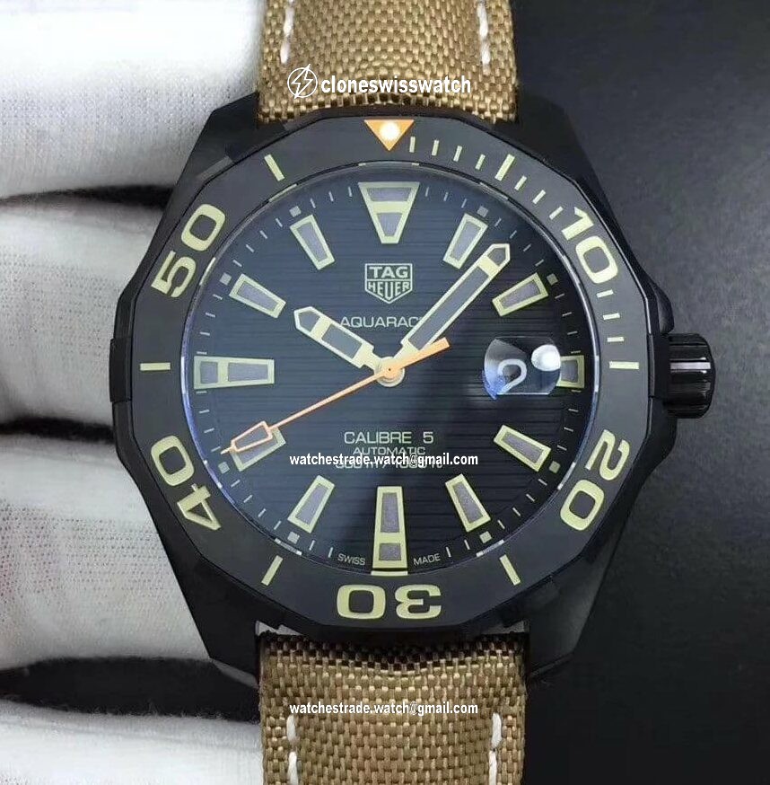 Aquaracer Calibre 5 PVD 43mm OXF 1:1 Best Edition Ceramic Bezel Black Dial on Brown Nylon Strap SW200 Aquaracer Calibre 5 PVD 43mm OXF 1:1 Best Edition Ceramic Bezel Black Dial on Brown Nylon Strap SW200