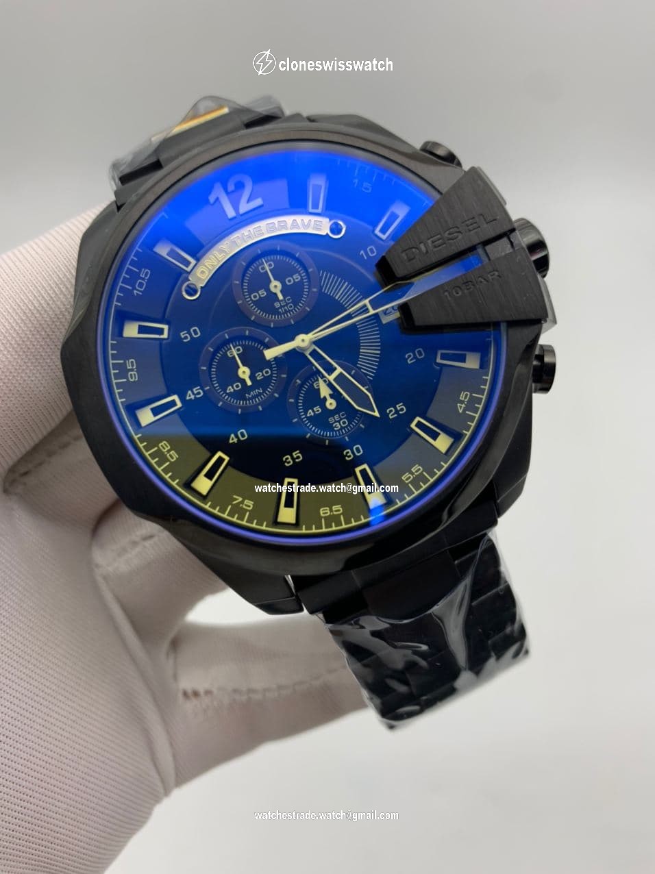 Diesel Full Black Yellow Numbers On Black Leather Strap Mega Shief Diesel Full Black Yellow Numbers On Black Leather Strap Mega Shief