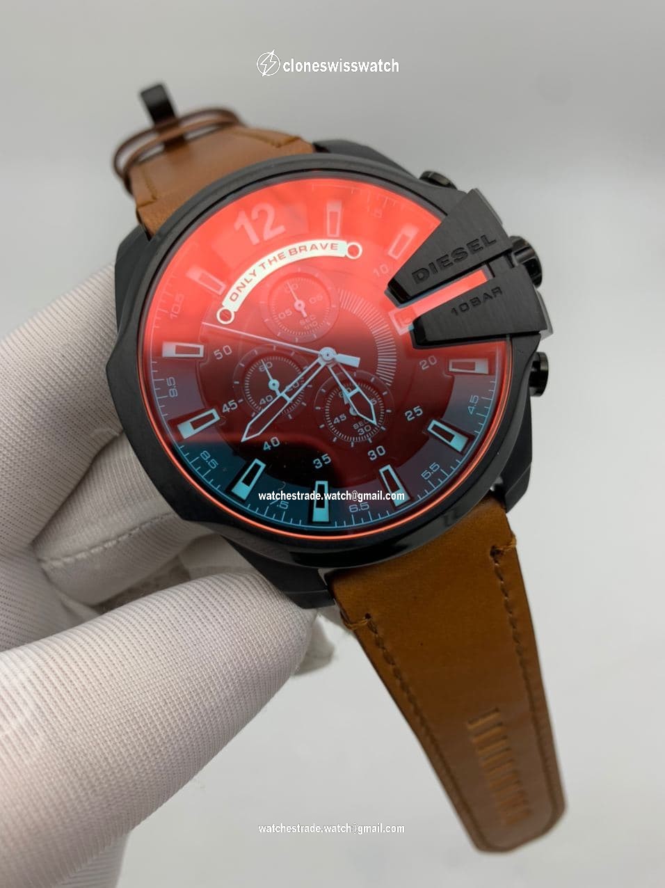 Diesel Full Black On Brown Leather Strap Mega Shief Chameleon Glass Diesel Full Black On Brown Leather Strap Mega Shief Chameleon Glass