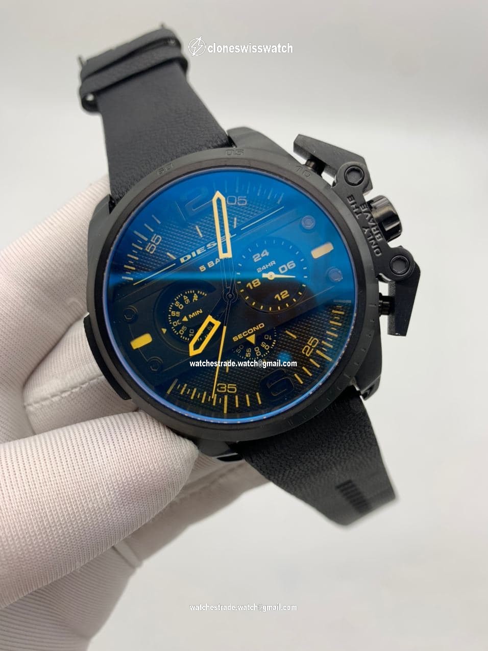 Diesel Full Black Yellow Numbers On Black Leather Strap Diesel Full Black Yellow Numbers On Black Leather Strap