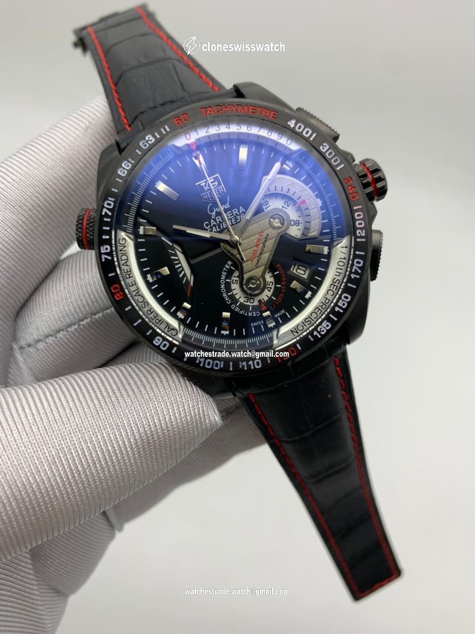 Tag Heuer Black Red Dial Carrera on Black Leather Strap Tag Heuer Black Red Dial Carrera on Black Leather Strap