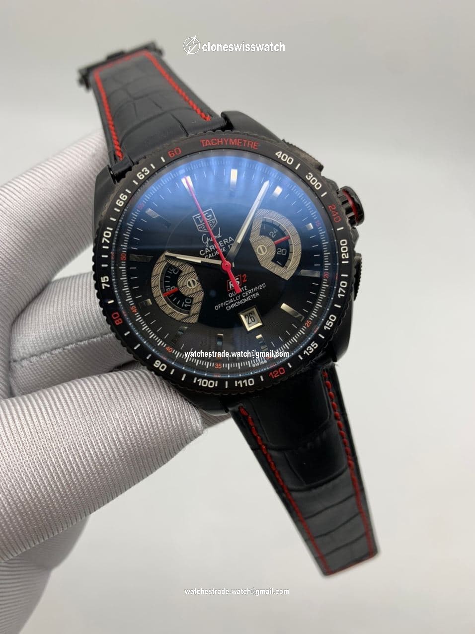 Tag Heuer Black Red Dial Chrono on Black Leather Strap Tag Heuer Black Red Dial Chrono on Black Leather Strap