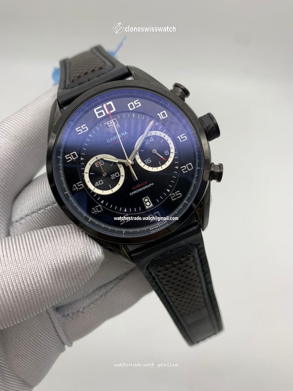 Tag Heuer Full Black Dial Chrono on Black Leather Strap Tag Heuer Full Black Dial Chrono on Black Leather Strap
