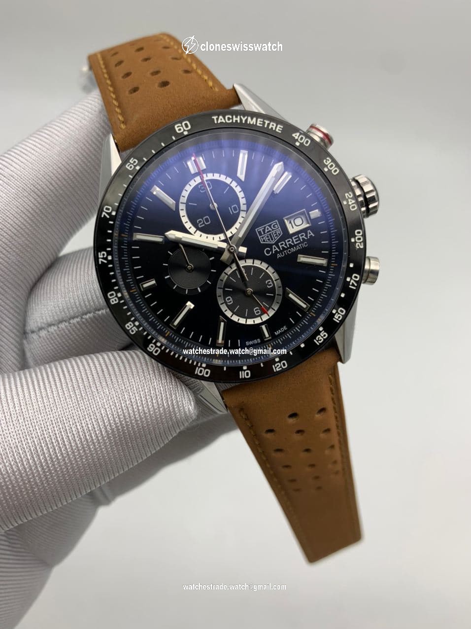 Tag Heuer Black Dial Chrono on Brown Leather Strap Tag Heuer Black Dial Chrono on Brown Leather Strap