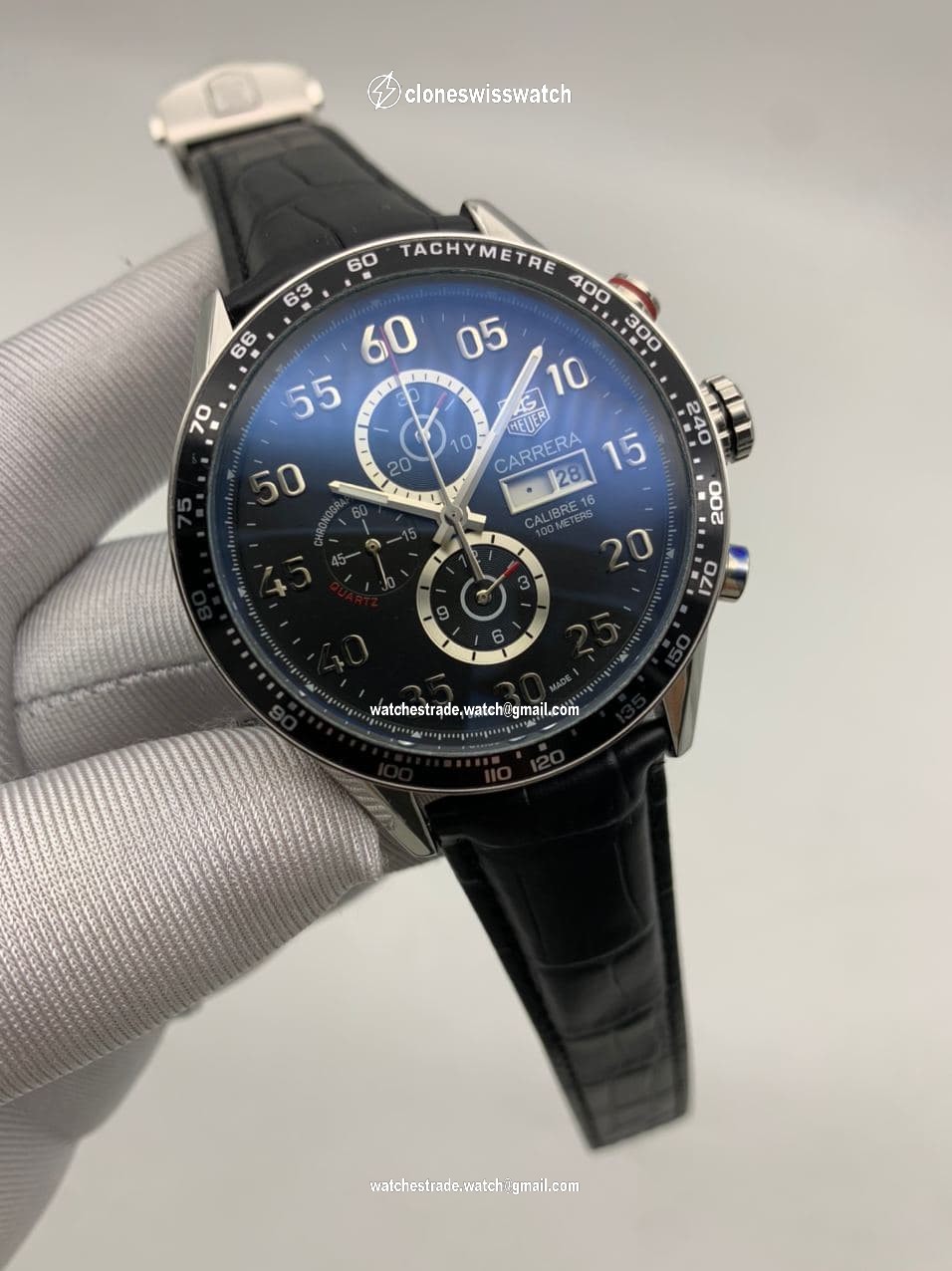 Tag Heuer Black Dial Chrono on Black Leather Strap Tag Heuer Black Dial Chrono on Black Leather Strap