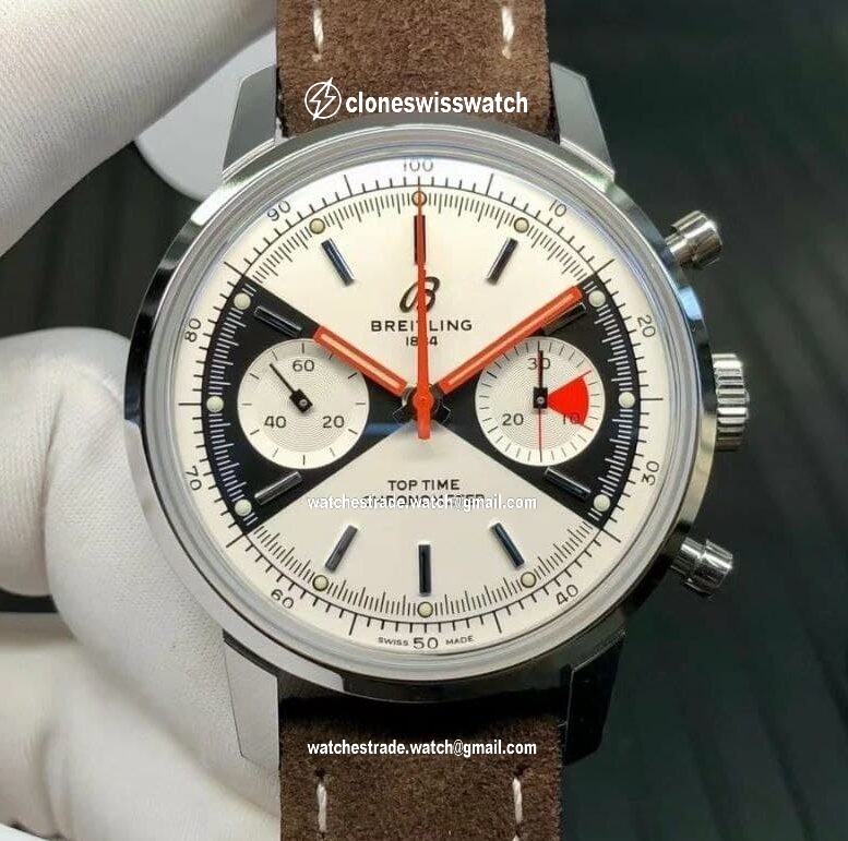 Top Time Chrono SS GF 1:1 Best Edition White Dial on Brown Leather Strap Top Time Chrono SS GF 1:1 Best Edition White Dial on Brown Leather Strap