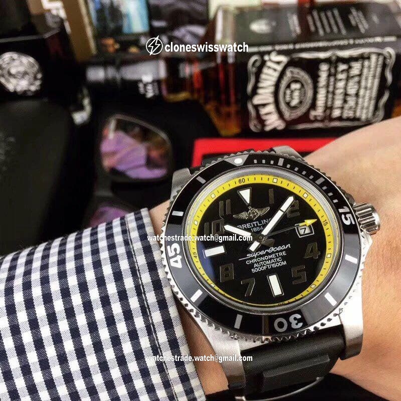 Breitling Superocean Black Yellow Dial on Black Rubber Strap Breitling Superocean Black Yellow Dial on Black Rubber Strap