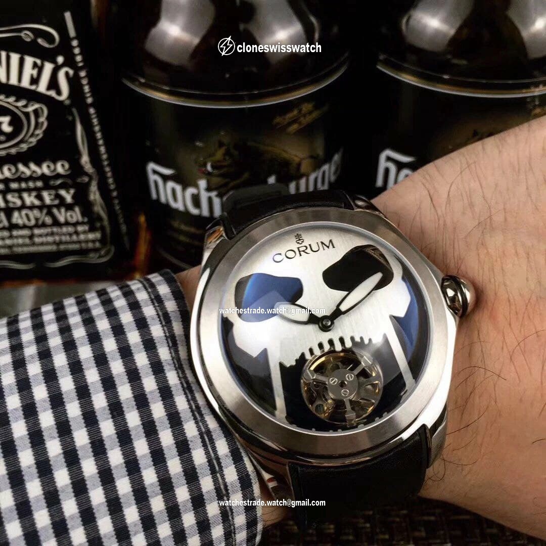 Corum Babble Case Silver Skull on Black Leather Strap Corum Babble Case Silver Skull on Black Leather Strap