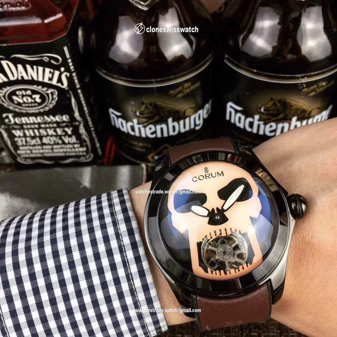 Coru Babble Case Black Skull on Brown Leather Strap Coru Babble Case Black Skull on Brown Leather Strap