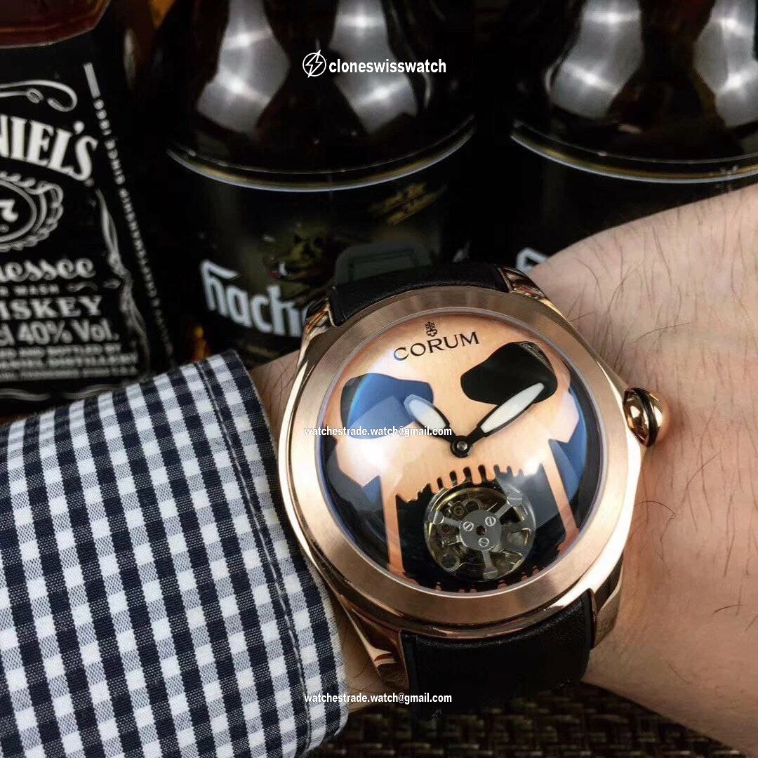 Coru Babble Case Gold Skull on Black Leather Strap Coru Babble Case Gold Skull on Black Leather Strap