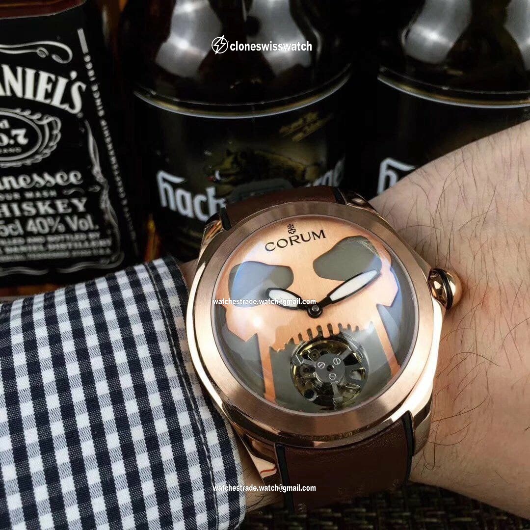 Coru Babble Case Gold Skull on Brown Leather Strap Coru Babble Case Gold Skull on Brown Leather Strap