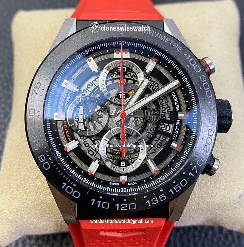 Calibre Heuer 01 Chrono SS/PVD XF 1:1 Best Edition Skeleton Dial Red Hand on Red Rubber Strap Calibre Heuer 01 Chrono SS/PVD XF 1:1 Best Edition Skeleton Dial Red Hand on Red Rubber Strap