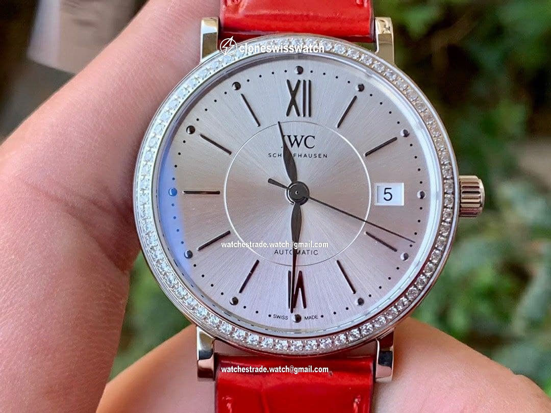Portofino 37mm SS V7F 1:1 Best Edition White Dial Diamonds Bezel on Red Leather Strap Portofino 37mm SS V7F 1:1 Best Edition White Dial Diamonds Bezel on Red Leather Strap
