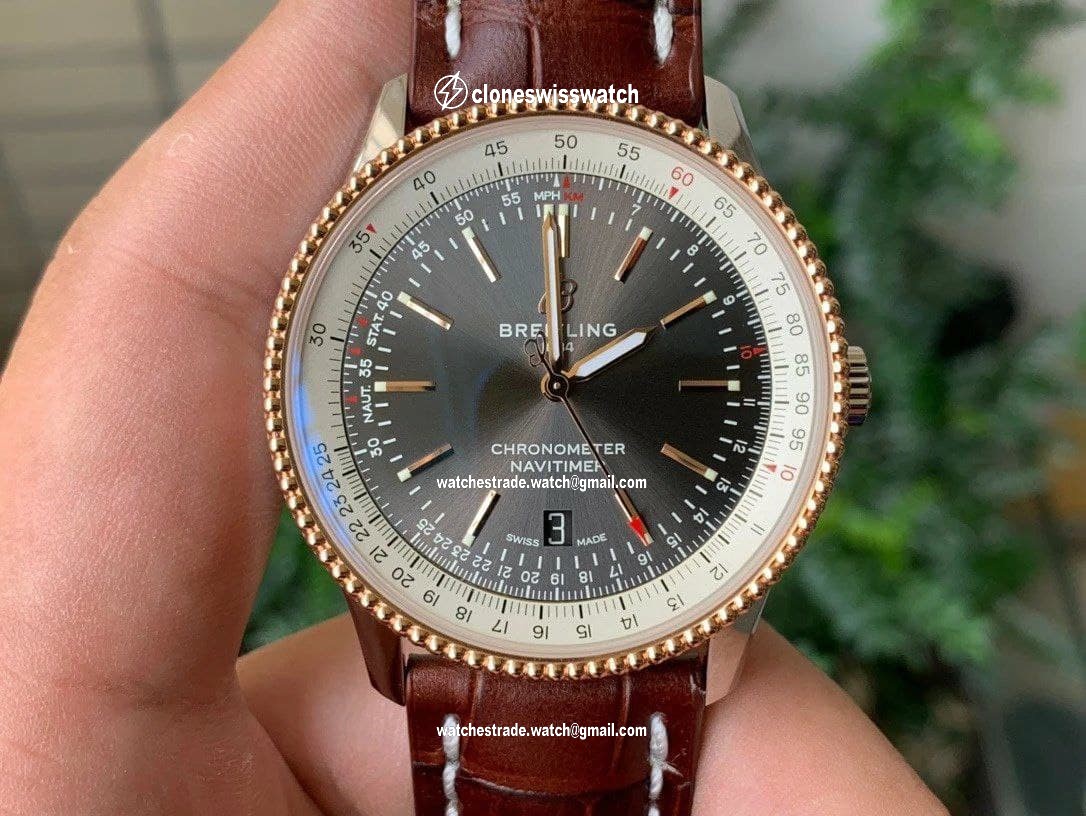 Navitimer 1 SS 41mm V7F 1:1 Best Edition RG Bezel Gray Dial on Brown Leather Strap Navitimer 1 SS 41mm V7F 1:1 Best Edition RG Bezel Gray Dial on Brown Leather Strap