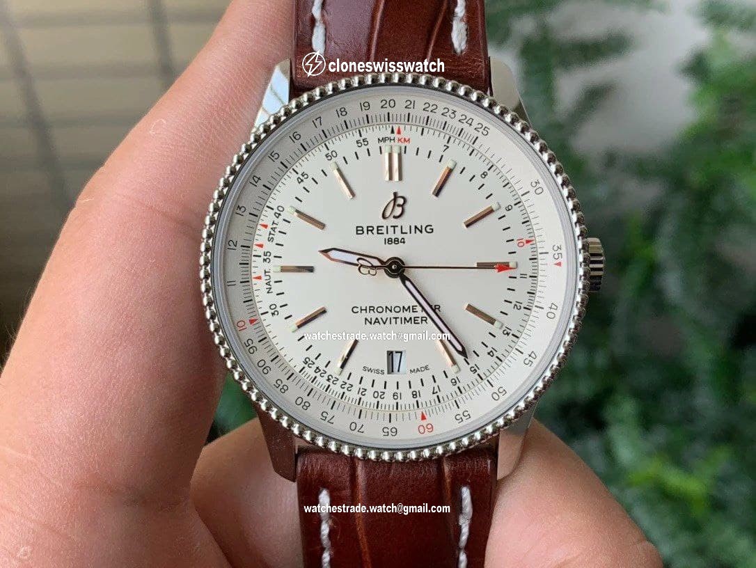 Navitimer 1 SS 41mm V7F 1:1 Best Edition SS Bezel White Dial on Brown Leather Strap Navitimer 1 SS 41mm V7F 1:1 Best Edition SS Bezel White Dial on Brown Leather Strap