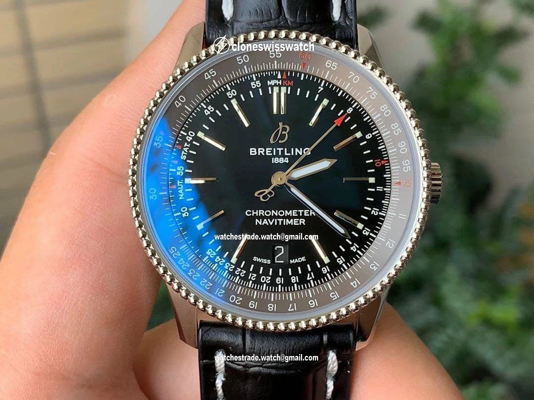 Navitimer 1 SS 41mm V7F 1:1 Best Edition Gray Bezel Black Dial on Black Leather Strap Navitimer 1 SS 41mm V7F 1:1 Best Edition Gray Bezel Black Dial on Black Leather Strap