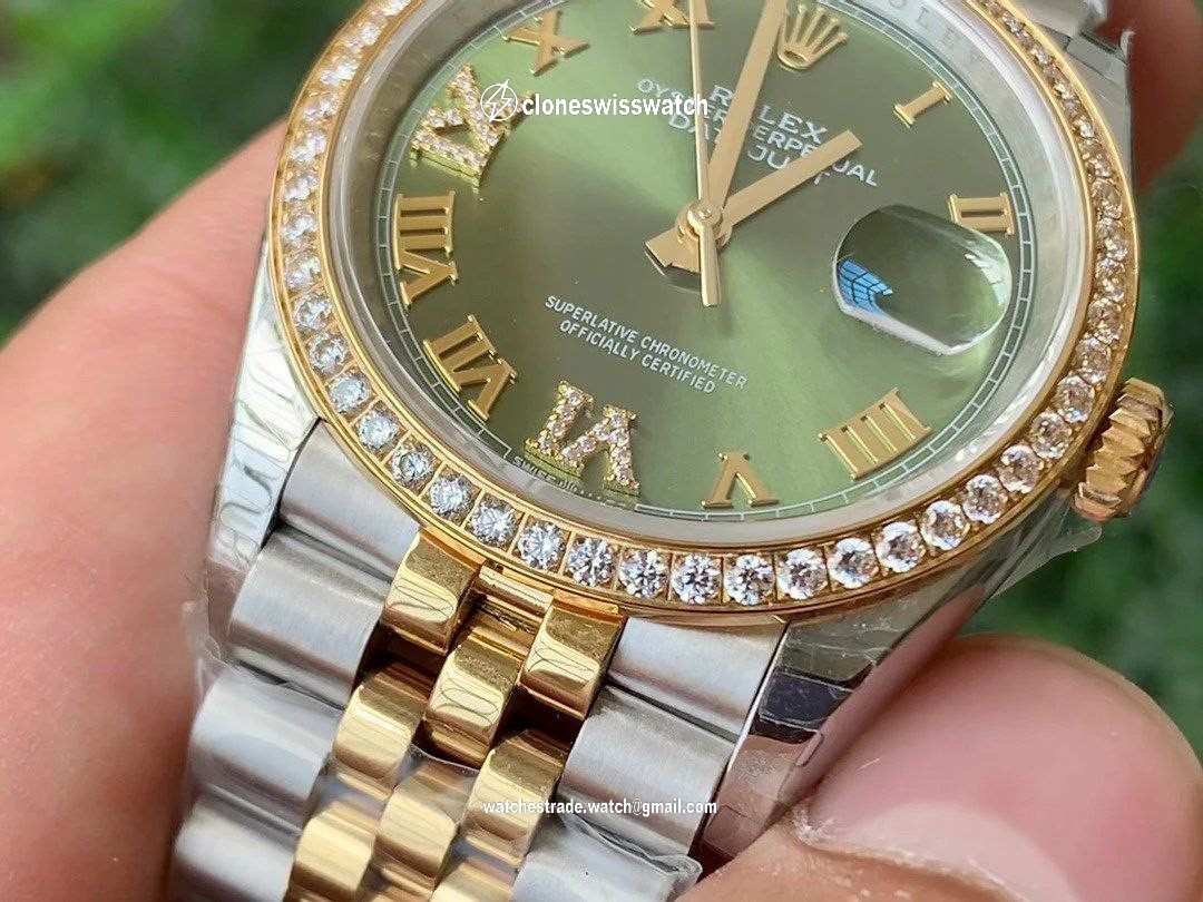 Rolex Date Just 36mm Diamond Green Dial SG Strap 1:1 Best Edition Version back Rolex Date Just 36mm Diamond Green Dial SG Strap 1:1 Best Edition Version back