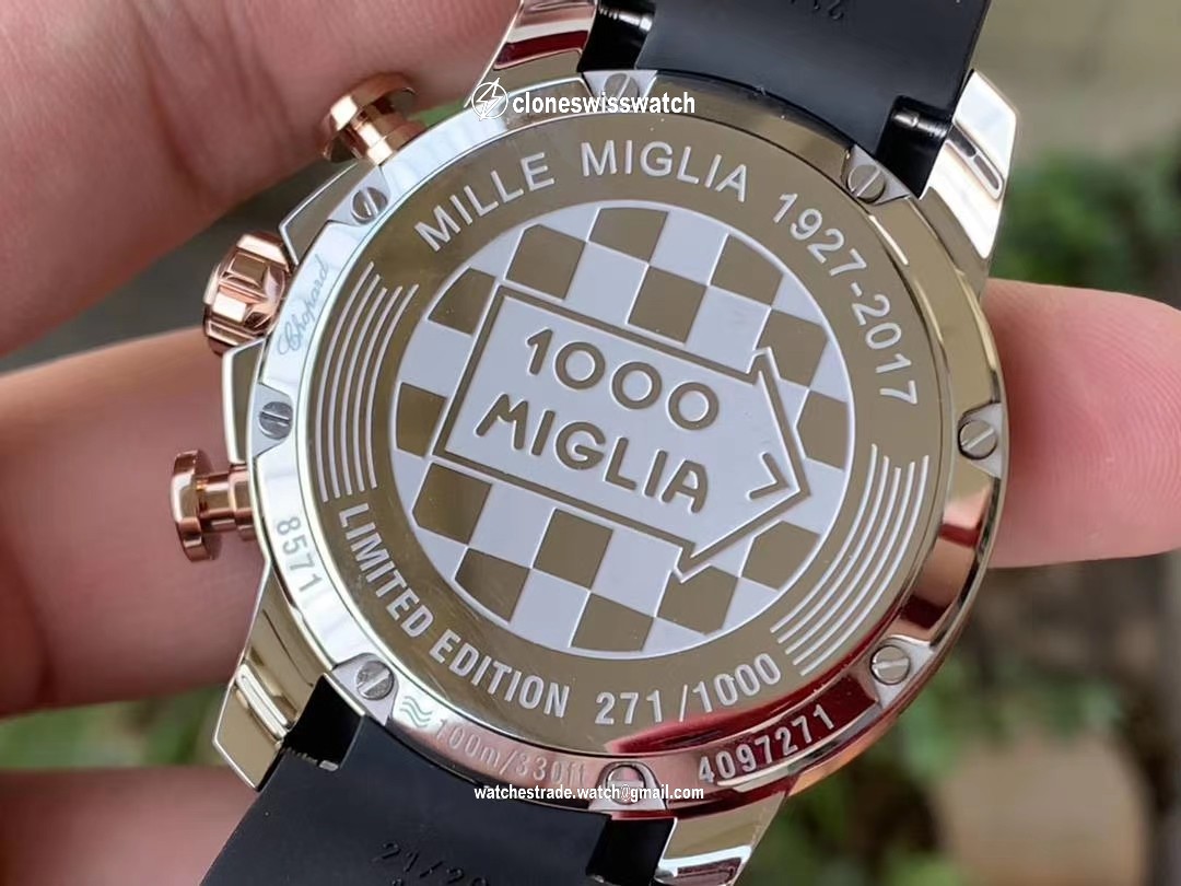 MILLE MIGLIA 168571 SS/RG V7F 1:1 BEST EDITION WHITE DIAL ON BLACK RUBBER STRAP A7750 back MILLE MIGLIA 168571 SS/RG V7F 1:1 BEST EDITION WHITE DIAL ON BLACK RUBBER STRAP A7750 back