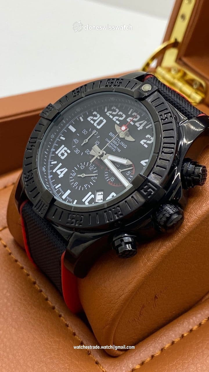 Breitling Avenger Black Red Chrono High Version on Black Leather Strap back Breitling Avenger Black Red Chrono High Version on Black Leather Strap back