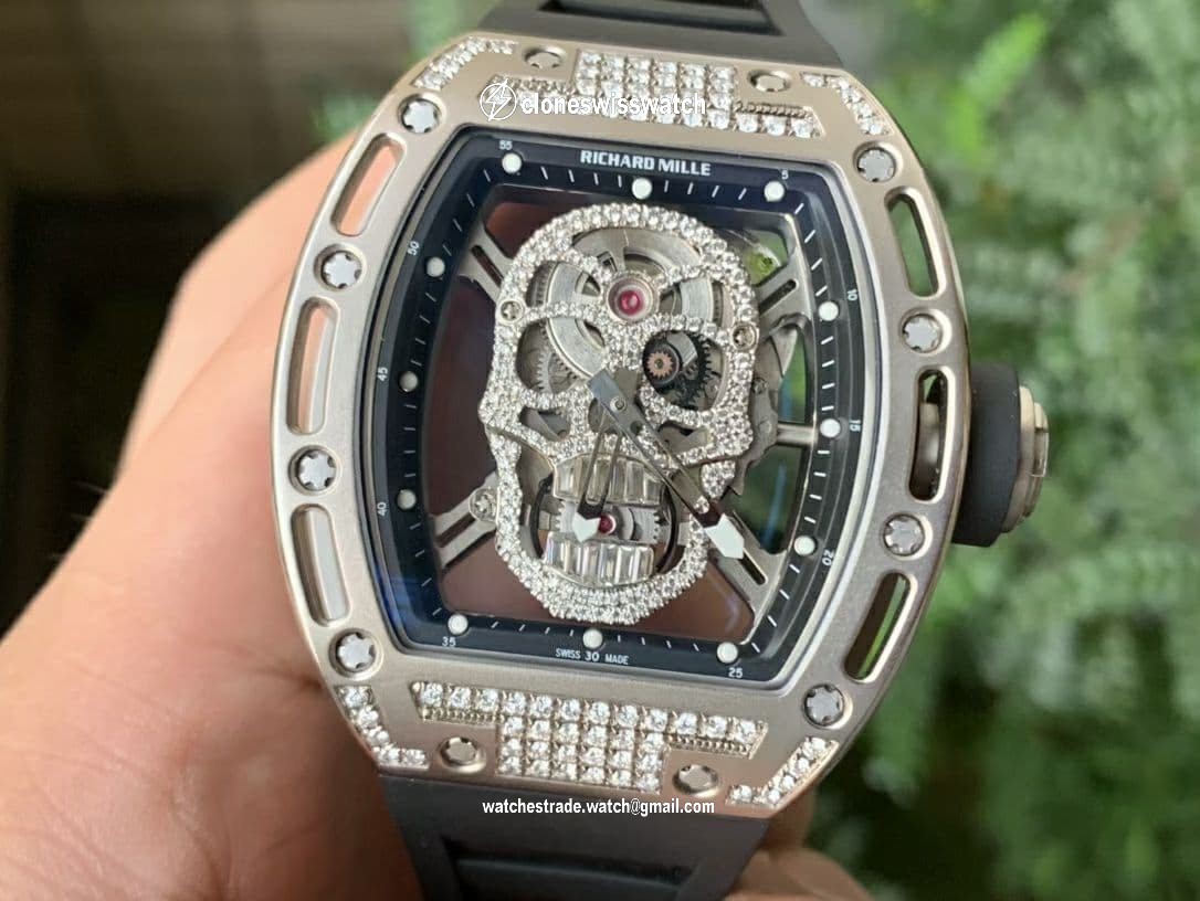 RM052 Polished SS Full Paved Diamonds Skull Dial on Black Rubber Strap MIYOTA8215 back RM052 Polished SS Full Paved Diamonds Skull Dial on Black Rubber Strap MIYOTA8215 back