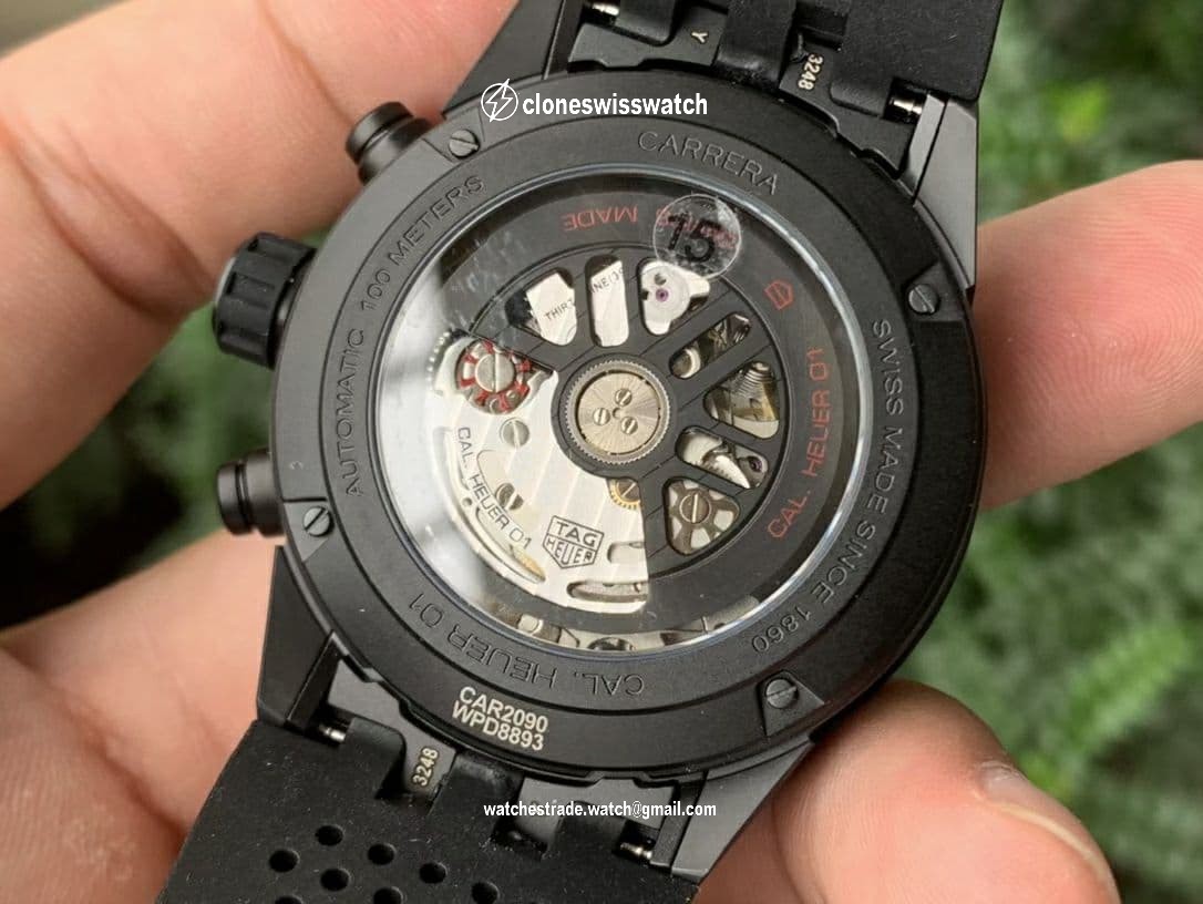 Calibre Heuer 01 Chrono 43mm Ceramic XF 1:1 Best Edition Skeleton Dial Red Hand on Black Rubber Strap A1887 back Calibre Heuer 01 Chrono 43mm Ceramic XF 1:1 Best Edition Skeleton Dial Red Hand on Black Rubber Strap A1887 back
