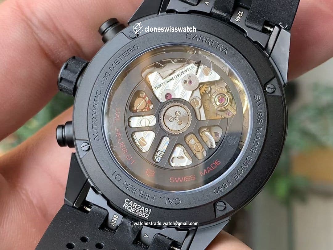 Calibre Heuer 01 Chrono 43mm Ceramic XF 1:1 Best Edition Skeleton Dial on Black Rubber Strap A1887 back Calibre Heuer 01 Chrono 43mm Ceramic XF 1:1 Best Edition Skeleton Dial on Black Rubber Strap A1887 back