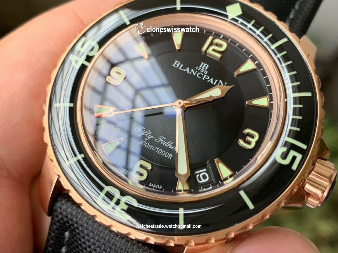 Fifty Fathoms RG Black ZF 1:1 Best Edition Black Dial on Sail-canvas Strap A2836 (Free Extra Strap) back Fifty Fathoms RG Black ZF 1:1 Best Edition Black Dial on Sail-canvas Strap A2836 (Free Extra Strap) back