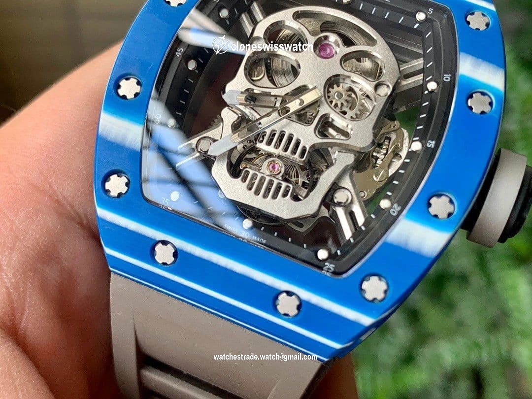RM052-01 Tourbillon PVD Blue Bezel JBF Best Edition Skeleton Dial on Gray Rubber Strap back RM052-01 Tourbillon PVD Blue Bezel JBF Best Edition Skeleton Dial on Gray Rubber Strap back