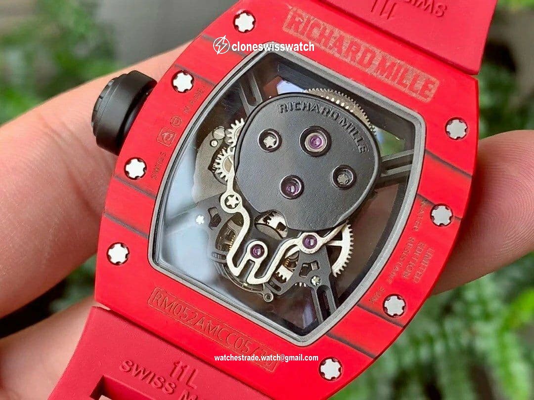 RM052-01 Tourbillon PVD Red Bezel JBF Best Edition Skeleton Dial on Red Rubber Strap back RM052-01 Tourbillon PVD Red Bezel JBF Best Edition Skeleton Dial on Red Rubber Strap back