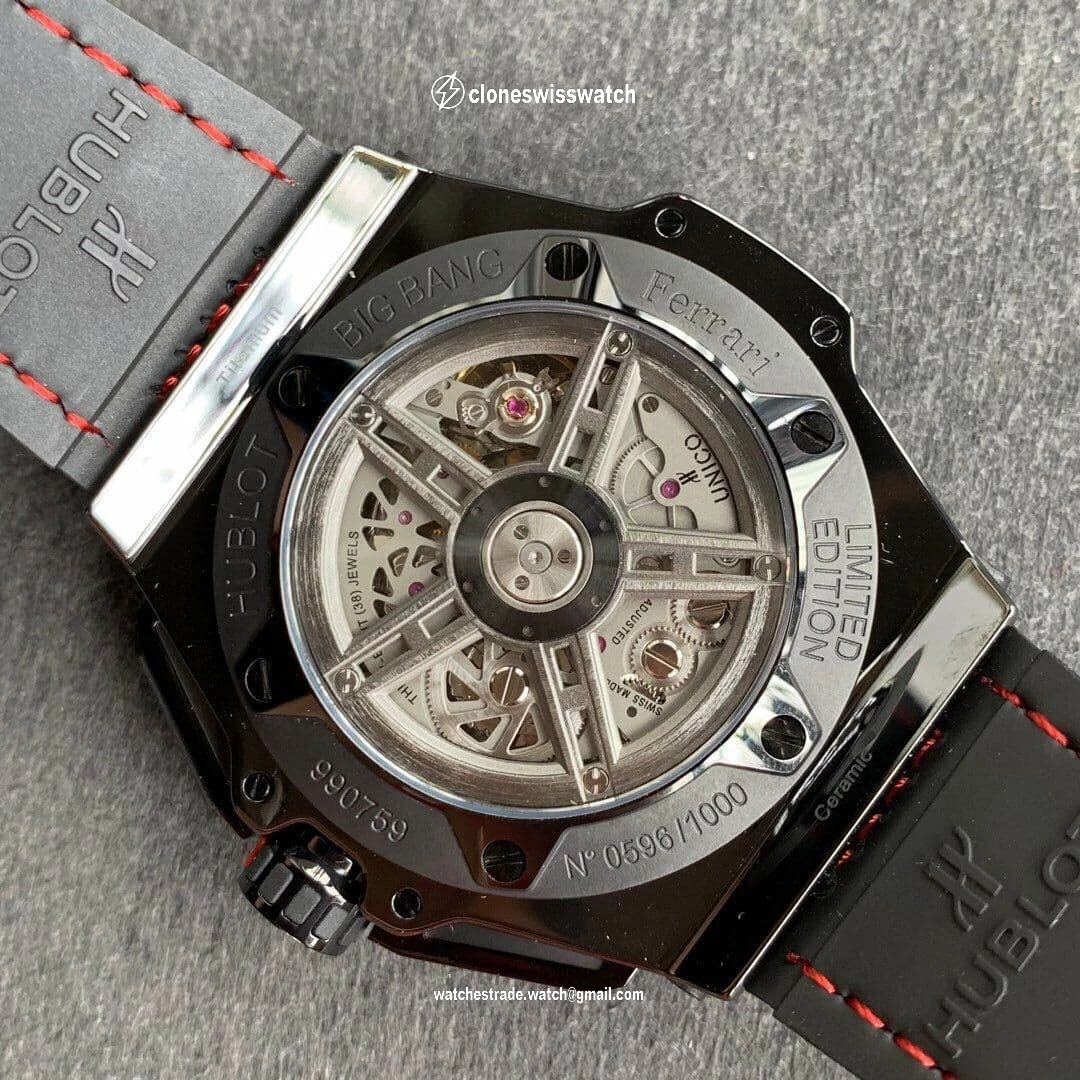Big Bang Ferrari Unico Black Ceramic V6F Best Edition Skeleton Dial on Black Gummy Strap HUB1288 back Big Bang Ferrari Unico Black Ceramic V6F Best Edition Skeleton Dial on Black Gummy Strap HUB1288 back