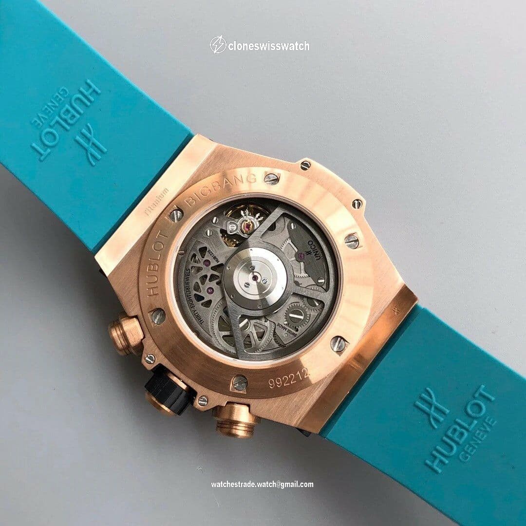 Big Bang Unico Diamond HBF 1:1 Best Edition Gold Skeleton Dial Rainbow Bezel on Blue Rubber Strap A1242 back Big Bang Unico Diamond HBF 1:1 Best Edition Gold Skeleton Dial Rainbow Bezel on Blue Rubber Strap A1242 back