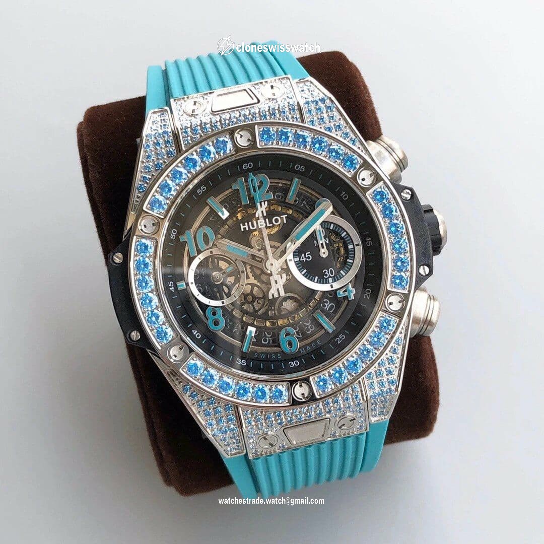 Big Bang Unico Diamond HBF 1:1 Best Edition SB Skeleton Dial Rainbow Bezel on Blue Rubber Strap A1242 back Big Bang Unico Diamond HBF 1:1 Best Edition SB Skeleton Dial Rainbow Bezel on Blue Rubber Strap A1242 back