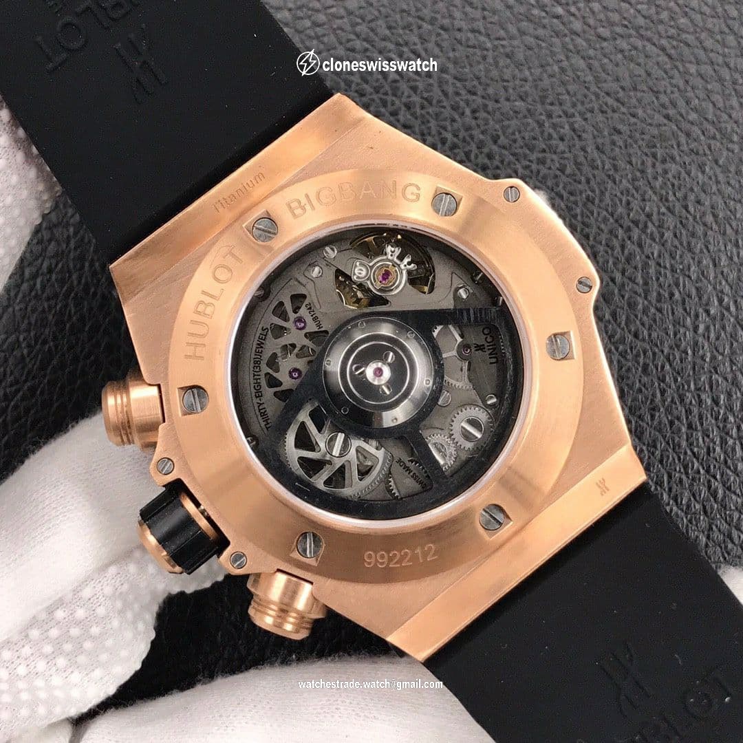 Big Bang Unico 45.5mm SS Gold Bezel Skeletonal Dial on Black Rubber Strap HUB1220 back Big Bang Unico 45.5mm SS Gold Bezel Skeletonal Dial on Black Rubber Strap HUB1220 back