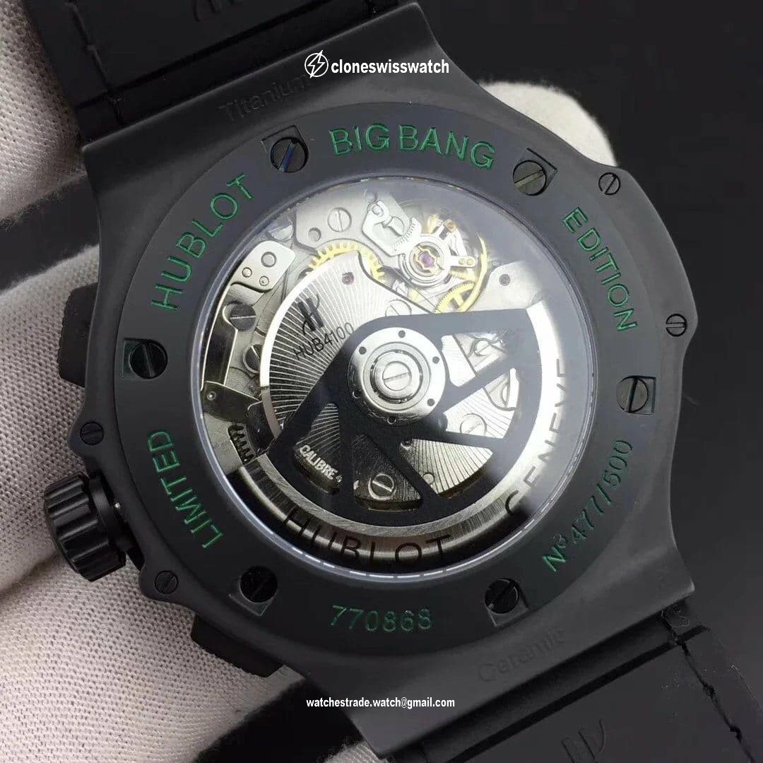 Big Bang 44.5mm PVD Black Dial with Green Markers on Black Gummy Strap A7750 back Big Bang 44.5mm PVD Black Dial with Green Markers on Black Gummy Strap A7750 back