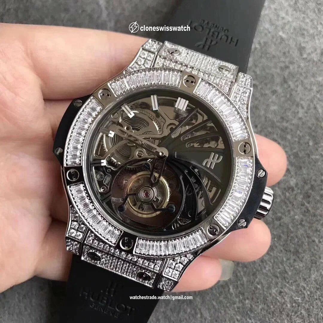 Big Bang Diamond Gold Bezel Skeleton Tourbillon on Black Rubber Strap back Big Bang Diamond Gold Bezel Skeleton Tourbillon on Black Rubber Strap back