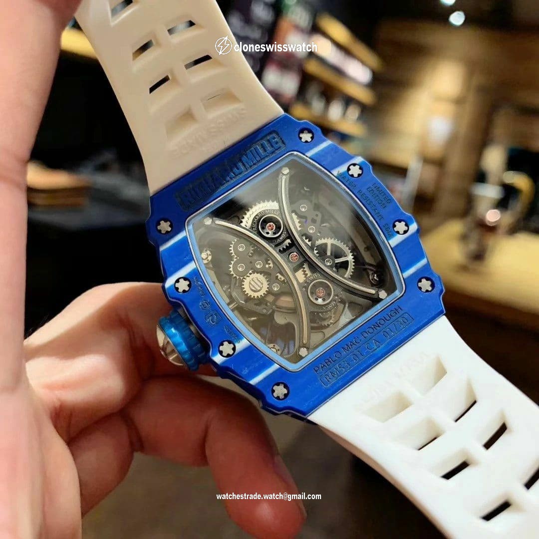 RM 53-01 Real Tourbillon Pablo Mac Donough Blue V9F Best Edition on White Rubber Strap back RM 53-01 Real Tourbillon Pablo Mac Donough Blue V9F Best Edition on White Rubber Strap back