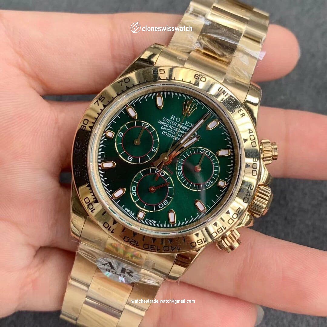 Daytona 116508 ARF 1:1 Best Edition YG Plated 904L SS Case and Bracelet Green Dial A4130 Super Clone V2 back Daytona 116508 ARF 1:1 Best Edition YG Plated 904L SS Case and Bracelet Green Dial A4130 Super Clone V2 back